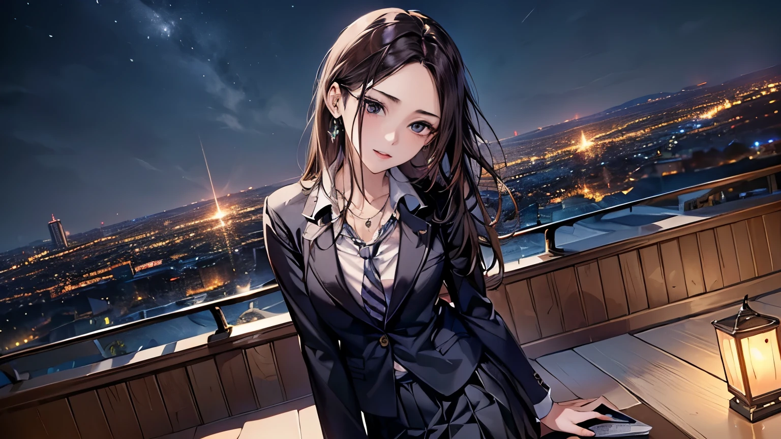 ((Biologically correct limb count))、(( Full-body photo including face))、4K、((Standing position))、masterpiece、((Focus on the face))、((Symmetrical facial features))、Eye for detailed depiction、Beautiful woman、Excellent style、Beautiful clavicle、Beautiful feet、Beautiful Hands、Slender body、(Small Ass、Thin thighs）、(High heels）、Detailed depiction of the face、Small earrings、necklace、(upper body blazer、shirt、(Block pleated skirt))、Glancing sideways、tie、Night cityscape、Great background、Low Angle,Reading a book