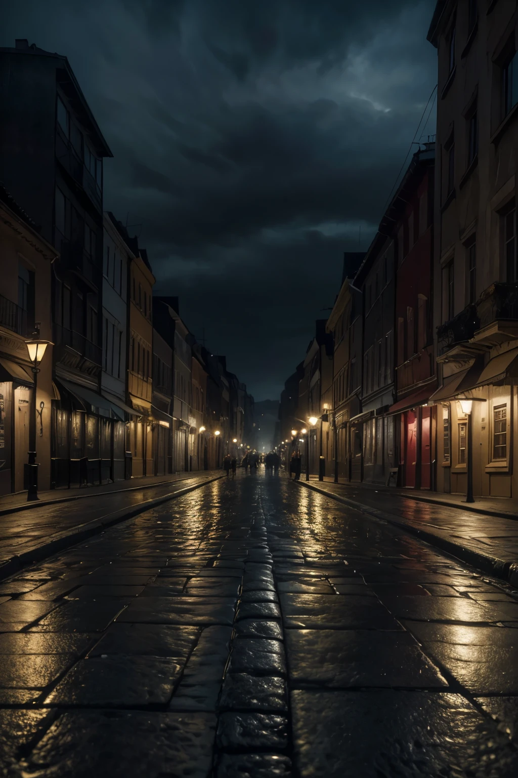 a dark european city street at night, shadows of people walking, one shadow illuminated by a light from the sky, horror, dark fantasy, eerie, moody, dramatic lighting, heavy fog, cinematic, (best quality,8k,highres,masterpiece:1.2),ultra-detailed,(realistic,photorealistic,photo-realistic:1.37),cinematic lighting,dramatic shadows,gothic architecture,cobblestone street,street lamps,overcast sky,dramatic clouds,dramatic atmosphere,supernatural