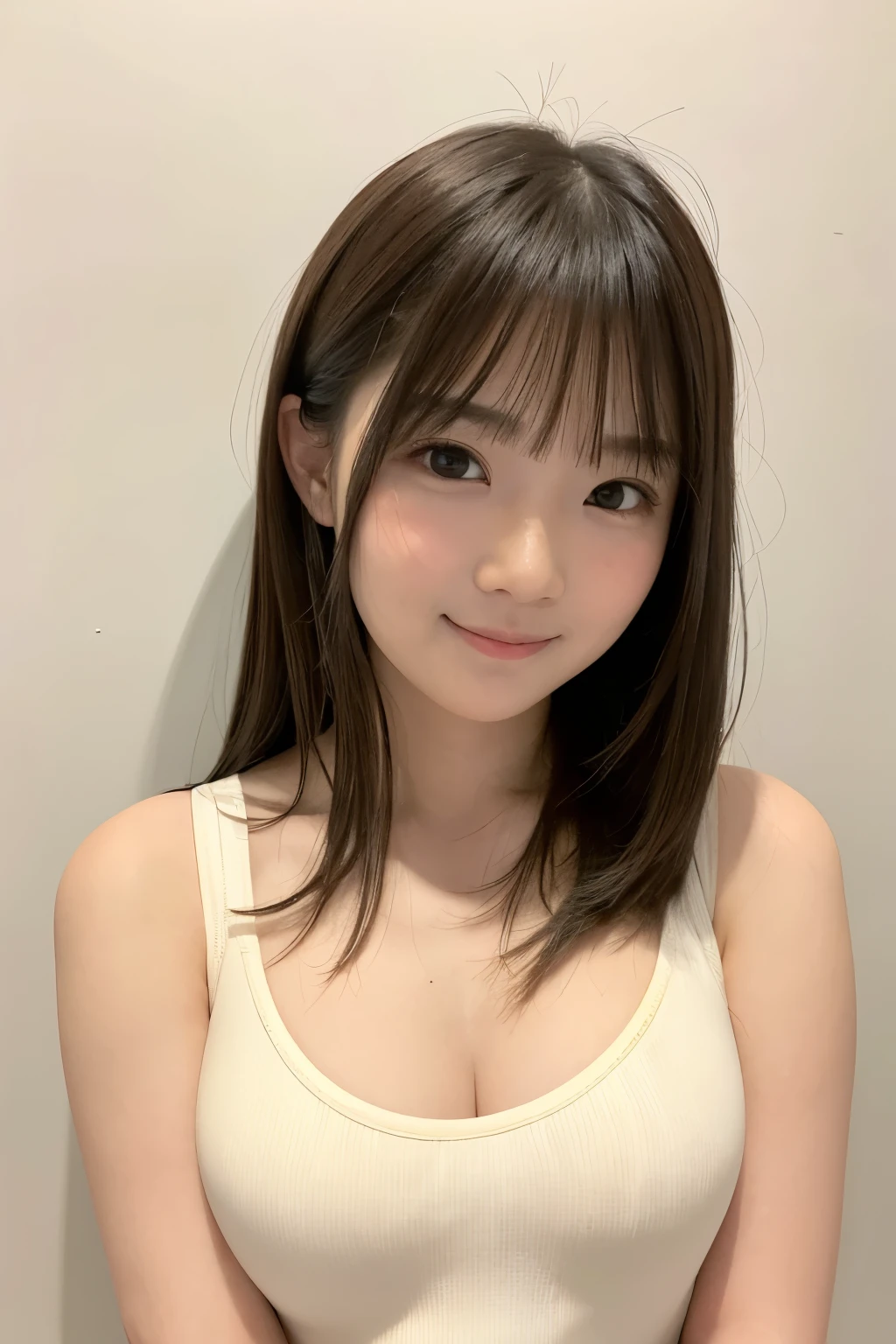 (A photo of your face:1.25), 6 years old, (Baby Face:1.4), (Round face:1.4), One Japanese woman, beautiful girl, Pretty face, (View your viewers), (Standing facing the camera), (smile), (Beige tank top)、(Pure white background:1.2)、Mouth closed