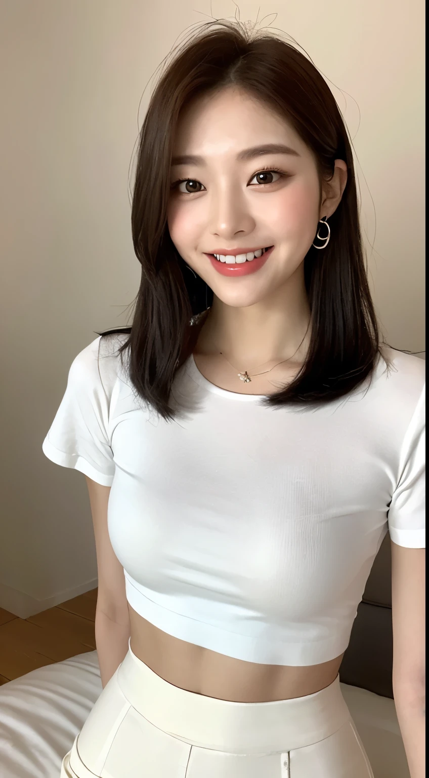 White tight skinny shirt、White tight mini skirt、bed、smile、Short sleeve、high resolution、Korean idol face、double eyelid、White teeth