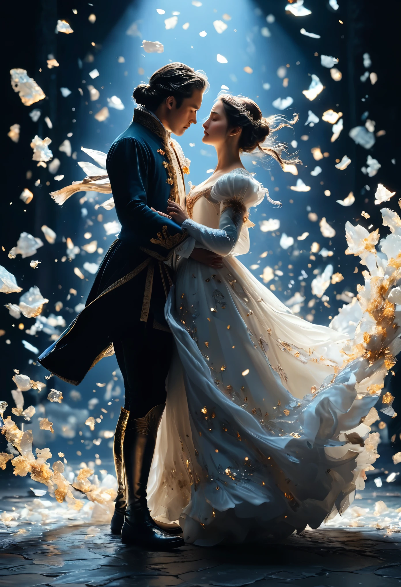 /I In front of a deep black backdrop, An 18th century couple is captured mid-dancing, the woman’s attire resembles a whirlwind of marble and porcelain fragments. Illuminated by the gleam of scattered porcelain shards which creates a dreamlike and theatrical atmosphere around the dancing couple. This masterpiece is depicted in 8k resolution, extremely detailed, gorgeous scenery.
