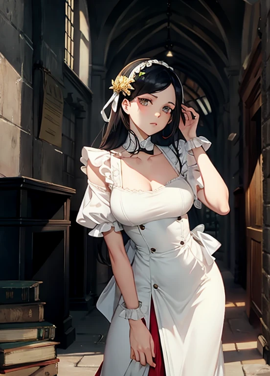 Overlord&#39;s albedo, Popular on Pixiv, Popular anime surrealism, White Devil's Horn,There are black feathers on the waist,,,,, Curvy, Signature White Dress, Iconic poses in the mansion,(Huge breasts:1.2)(((Large Breasts))) (((A plump teardrop-shaped chest,)))Expose((Cleavage)), 、(Soft breasts:1.2),Drooping bangs、Background Church、Feather color is black,