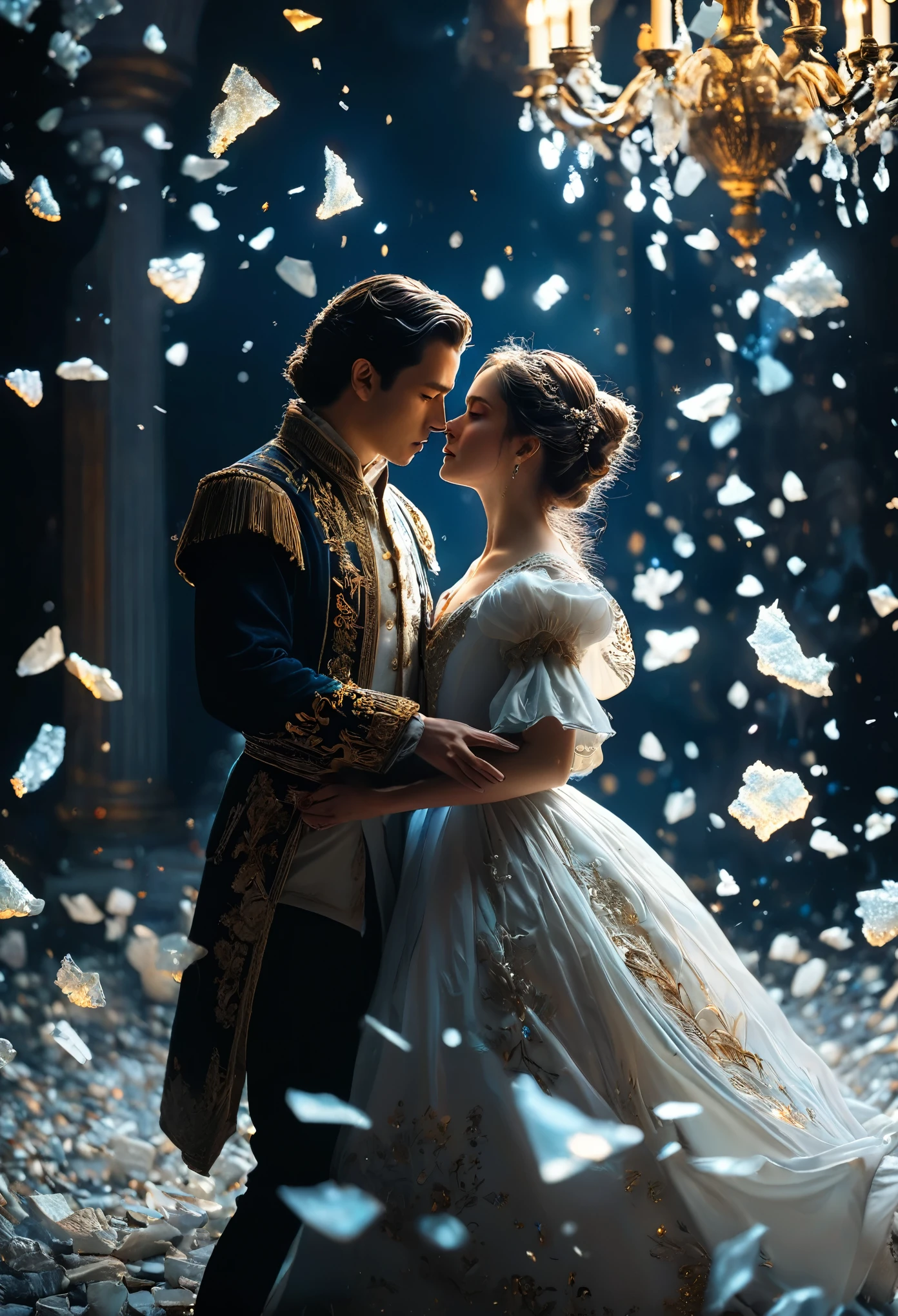 /I In front of a deep black backdrop, An 18th century couple is captured mid-dancing, the woman’s attire resembles a whirlwind of marble and porcelain fragments. Illuminated by the gleam of scattered porcelain shards which creates a dreamlike and theatrical atmosphere around the dancing couple. This masterpiece is depicted in 8k resolution, extremely detailed, gorgeous scenery.