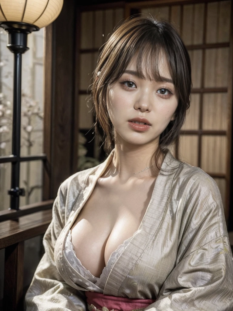 (masterpiece, best quality, 8k, photorealistic, hyper detailed) beautiful japanese woman wearing an erotic kimono, revealing cleavage, highly detailed facial features, intricate kimono pattern, dramatic lighting, muted color palette, cinematic composition, Perfect clean white teeth