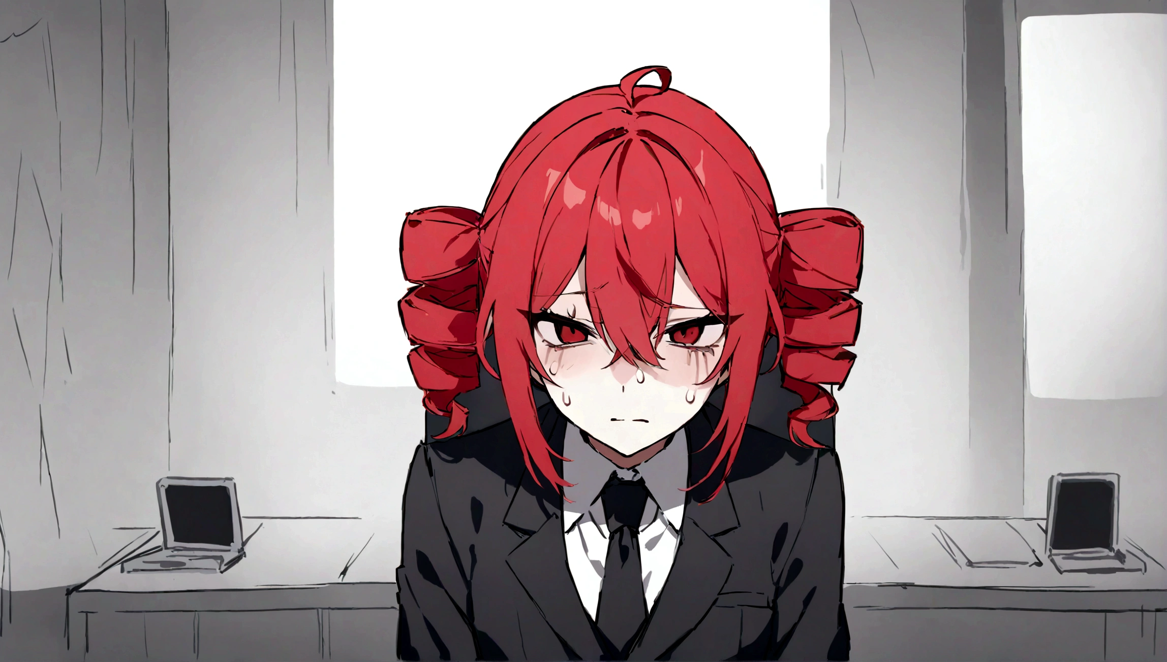 Red hair、Black Suit、Painful face、Sit in front of your computer