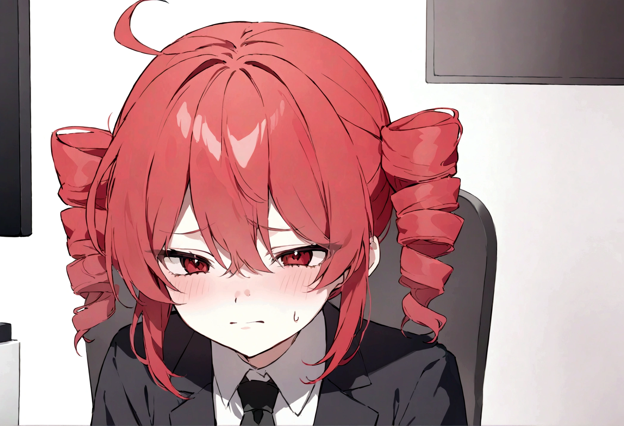 Red hair、Black Suit、Painful face、Sit in front of your computer