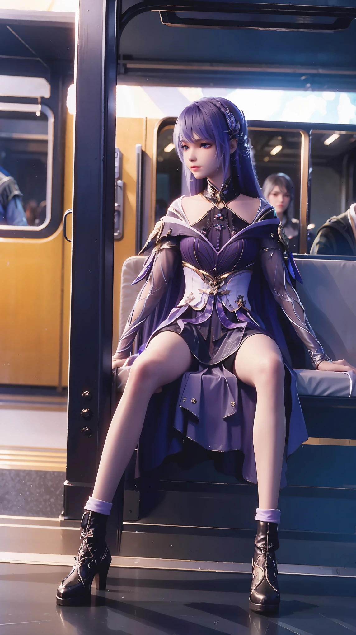masterpiece,best quality,Movie stills,girl sitting on the train,Girl on the platform,cloud,Floating in the air,Close-up view,bright,hapiness,Warm and soft lighting,Sunset,(Spark of light:0.7),whole body,whole body摄影