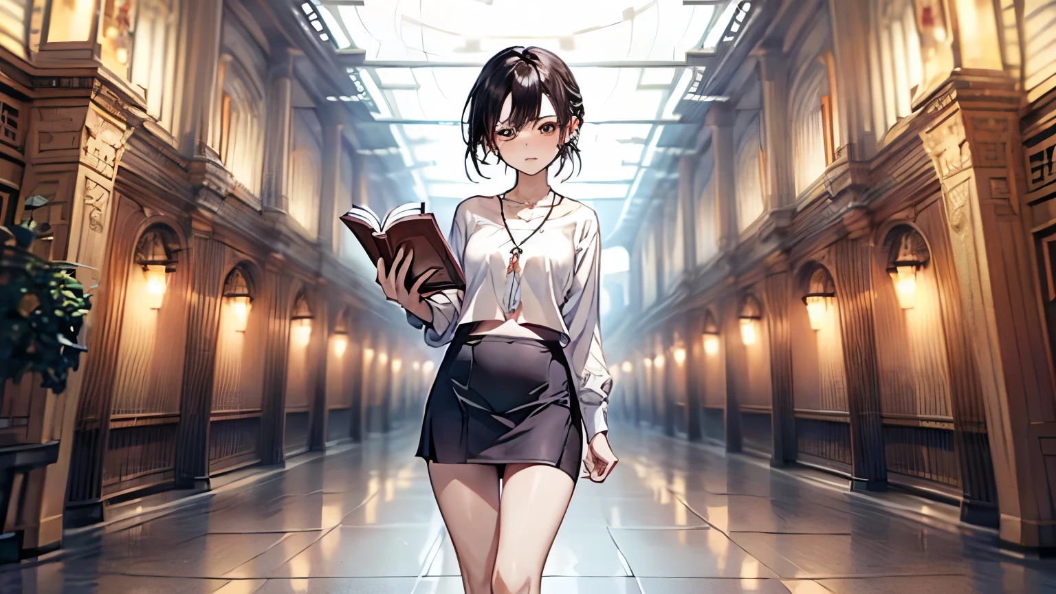 ((Biologically correct limb count))、(( Full-body photo including face))、4K、((Standing position))、masterpiece、((Focus on the face))、((Symmetrical facial features))、Eye for detailed depiction、Beautiful woman、Excellent style、Beautiful clavicle、Beautiful feet、Beautiful Hands、Slender body、(Small Ass、Thin thighs)、(High heels)、Detailed depiction of the face、Small earrings、necklace、(shirt、(mini skirt))、Glancing sideways、Great background、Low Angle,Reading a book