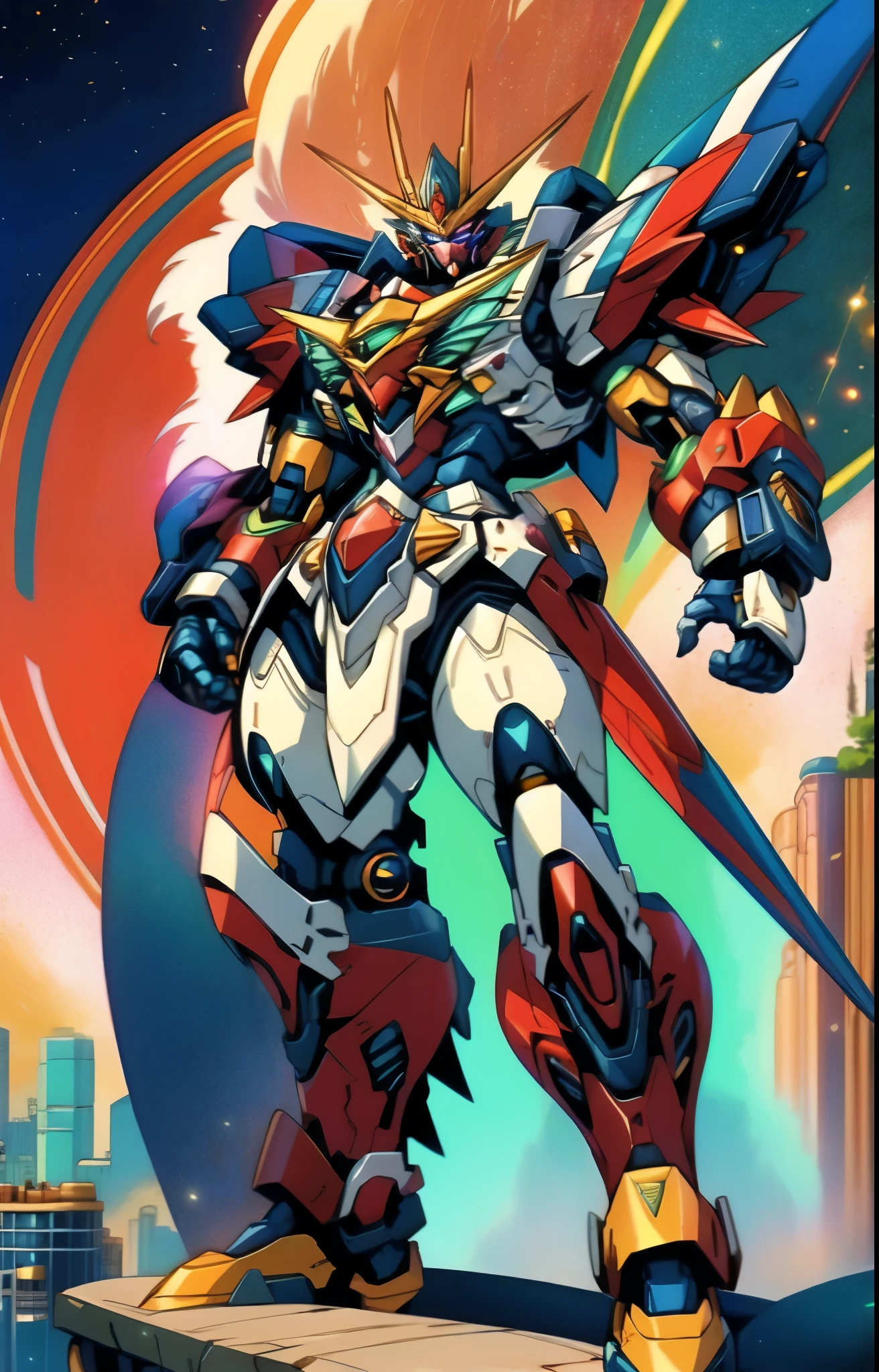 Humanoid Mecha, fully enclosed shoulder guards, matching arm and leg guards, full body, full armor, the design balances heavy with agility, (the color scheme is primarily white with red and blue accents, the concept Inspired by Super robot, organic biotech armor, standing, floating high above the futuristic sci-fi city), exquisite and mature art style, (aura effect, energy, glowing eyes, the armor glows), ((SRS)), metallic, dynamic, dramatic, high definition, best quality, highres, ultra-detailed, ultra-fine painting, extremely delicate, professional, perfect body proportions, anatomically correct, symmetrical face, extremely detailed eyes and face, high quality eyes, creativity, RAW photo, UHD, 32k, Natural light, cinematic lighting, masterpiece-anatomy-perfect, masterpiece:1.5