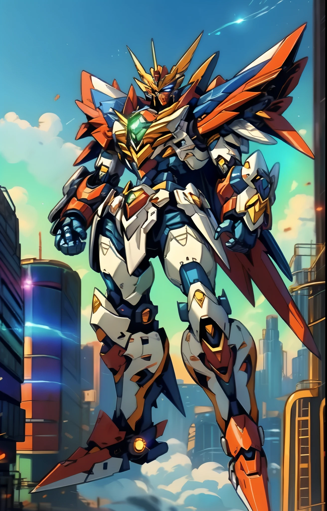 Humanoid Mecha, fully enclosed shoulder guards, matching arm and leg guards, full body, full armor, the design balances heavy with agility, (the color scheme is primarily white with red and blue accents, the concept Inspired by Super robot, organic biotech armor, standing, floating high above the futuristic sci-fi city), exquisite and mature art style, (aura effect, energy, glowing eyes, the armor glows), ((SRS)), metallic, dynamic, dramatic, high definition, best quality, highres, ultra-detailed, ultra-fine painting, extremely delicate, professional, perfect body proportions, anatomically correct, symmetrical face, extremely detailed eyes and face, high quality eyes, creativity, RAW photo, UHD, 32k, Natural light, cinematic lighting, masterpiece-anatomy-perfect, masterpiece:1.5