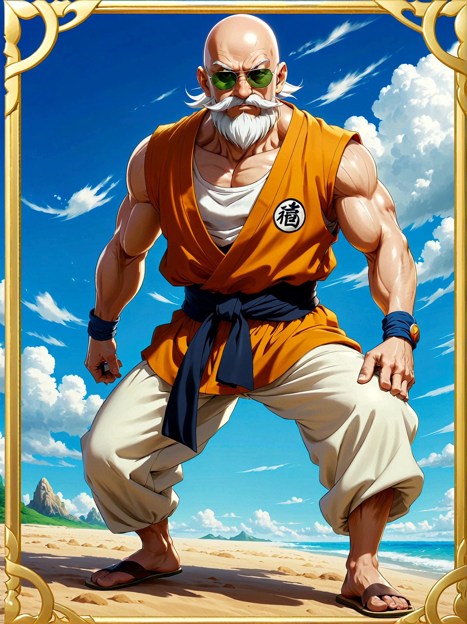 Dragon Ball, muten roushi, old man, black eyes,bald, facial hair, beard, mustache, white hair, white tank top, light brown pants, brown sash, green sandals, sunglasses, yellow-framed eyewear, blue-tinted eyewear