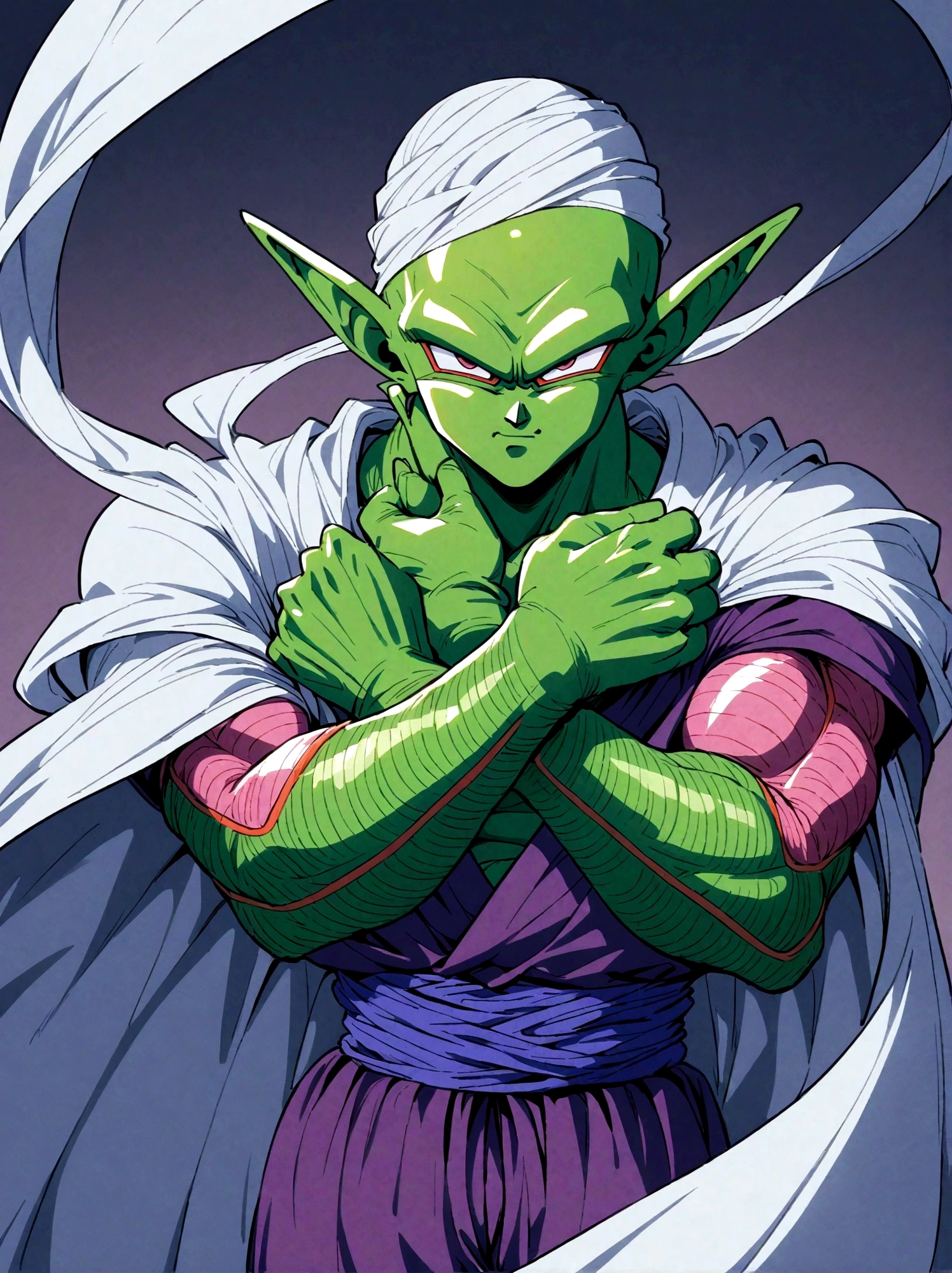 Dragon Ball, piccolo, 1boy,white turban, white cape, pointy ears,(purple dougi), green skin, purple pants,pink patches,blue sash