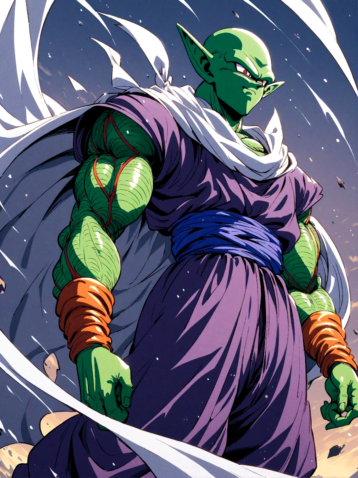 Dragon Ball, piccolo, 1boy,white turban, white cape, pointy ears,(purple dougi), green skin, purple pants,pink patches,blue sash