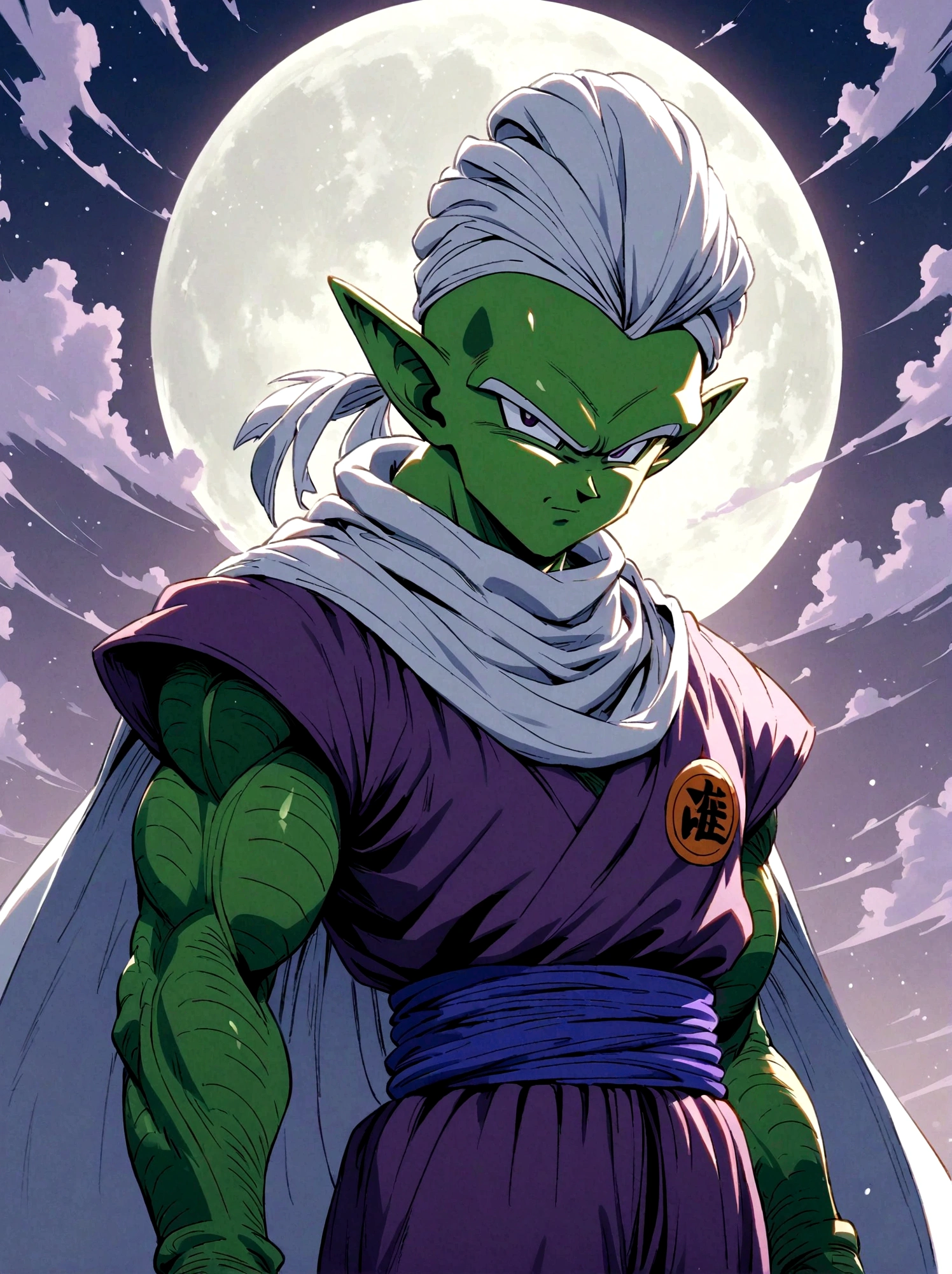 Dragon Ball, piccolo, 1boy,white turban, white cape, pointy ears,(purple dougi), green skin, purple pants,pink patches,blue sash