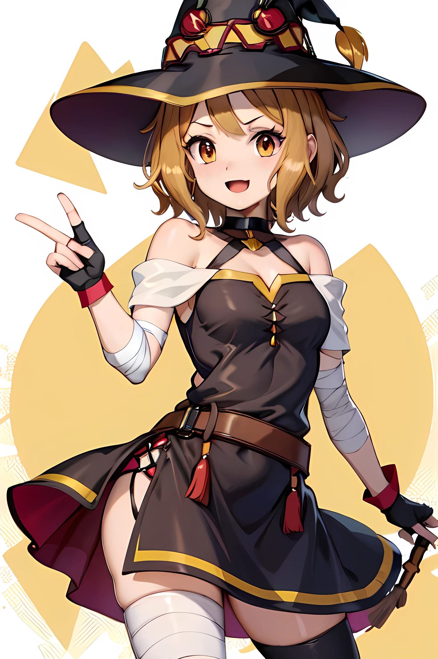 (obra maestra, mejor calidad), detalles intrincados,
1 chica, , vestido, , shrugging shoulders, presumido, sonrisa, Bandages, Fingerless Gloves, Mini-dress, Witch Hat, style of megumin,