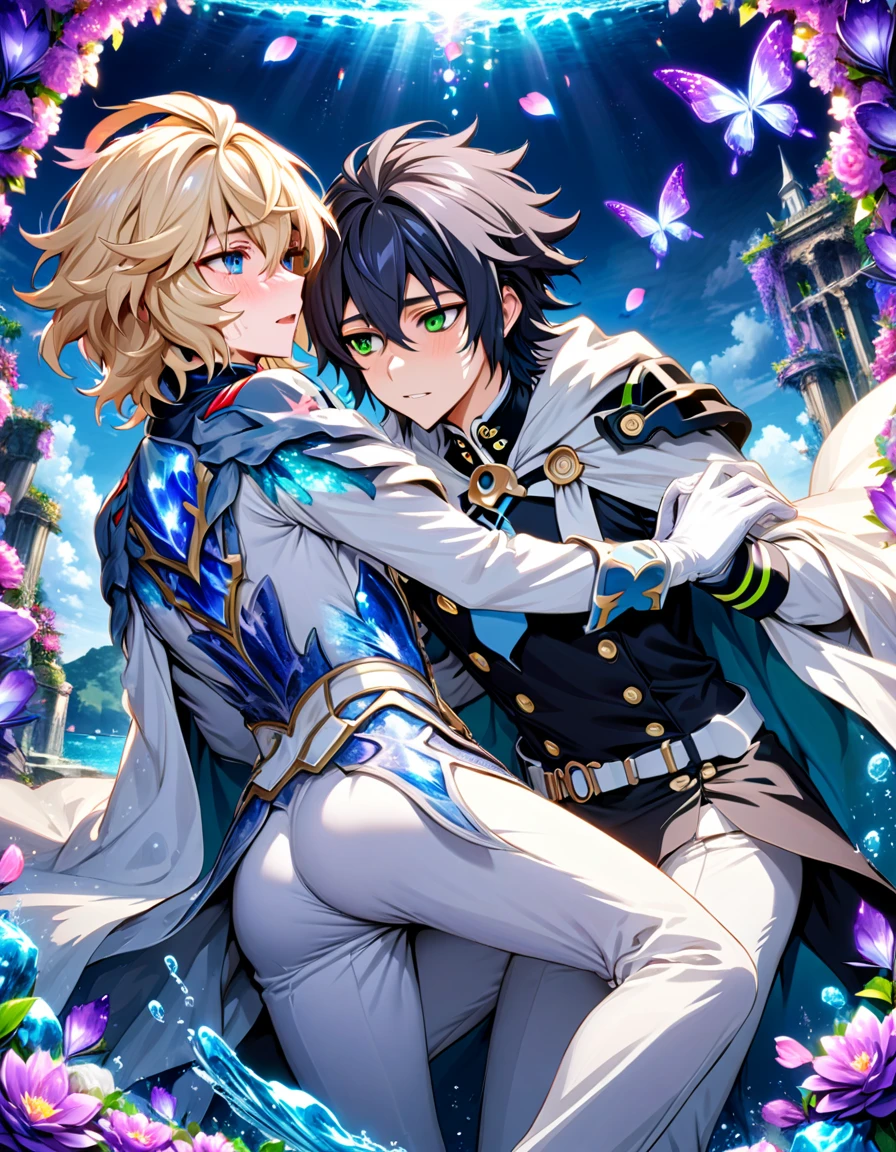 Ultra detailed, highres, absurdres, HDR, master piece, Hyakuya Mikaela, wavy blond hair, expressive blue eyes, Hyakuya Yuu, black hair, expressive green eyes, white fantasy clothes, white cape, Owari No Seraph, fantasy, petals, purple erflies, purple flowers, water, white pants, white gloves, two sexyn together, gay couple, love, magic, best quality, extremely detailed face and eyes, yaoi, home