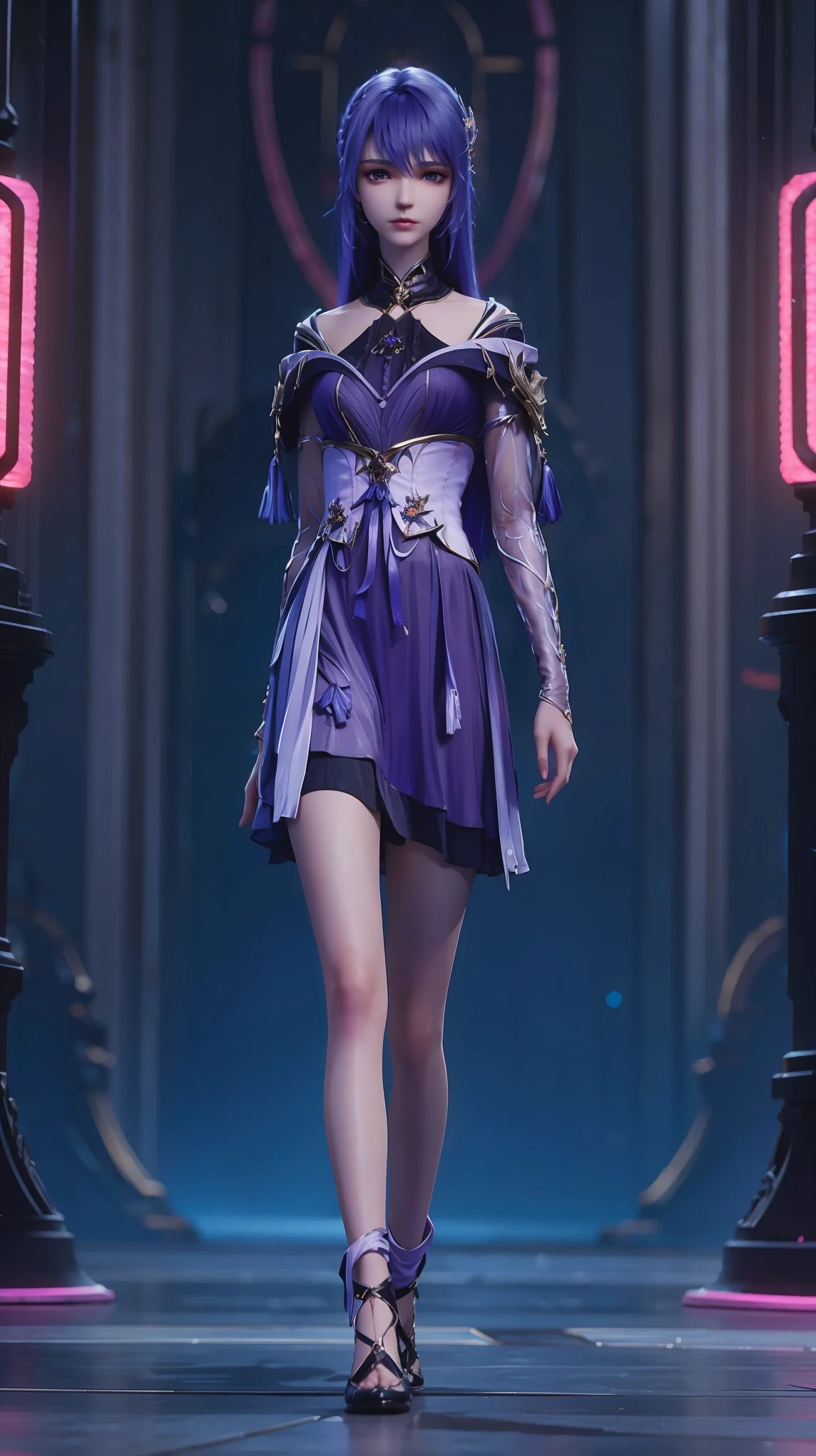 ((Biologically correct number of limbs))、(( Full body illustration from toes to face))、4k、masterpiece、((The eyes are delicately painted、Facial details、Focus on the face))、((Symmetrical, Balanced facial features))、Beautiful woman、Outstanding style、Beautiful clavicle、Beautiful legs、beautiful hands、slim body、(shirt、skirt、High heel)、look up、High Angle、Background is night city、((Walking posture))

