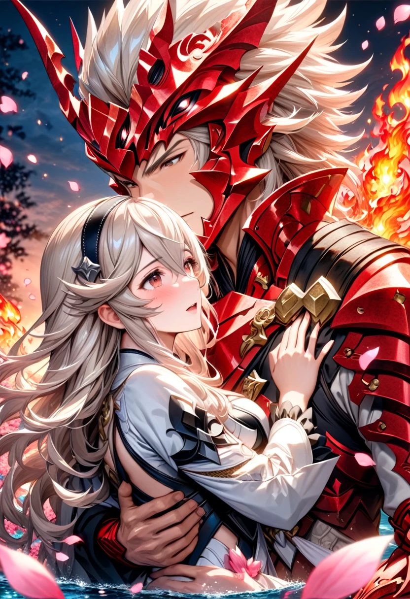 absurdres, highres, ultra detailed, HDR, master piece, best quality, Ryoma, dark brown long hair, expressive brown eyes, fire emblem fates, Corrin, white hair, expressive red eyes, handsome man together with a beautiful woman, couple, white clothes, water, pink butterflies, pink flowers, pink petals