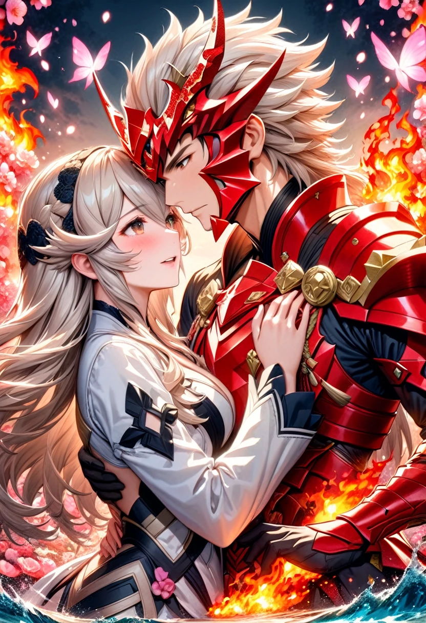 absurdres, highres, ultra detailed, HDR, master piece, best quality, Ryoma, dark brown long hair, expressive brown eyes, fire emblem fates, Corrin, white short hair, expressive red eyes, two sexy men together, gay couple, yaoi, handsome, white clothes, water, red butterflies, red flowers, red petals