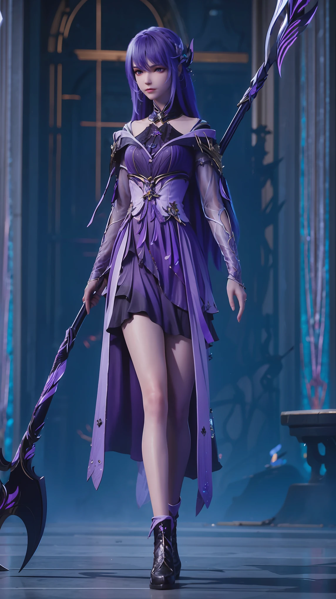 Dark room,One-handed Death Scythe、 Wearing a dark purple dress,Ultra-high resolution,Purple long hair,Purple Eyes,Carolita,Full body view,Full body capture,Walking towards the camera