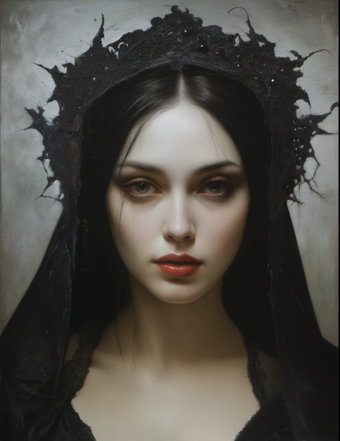 James Gurney, Surrealist art , dream-like, Mysterious, Provocative, symbolic, Complex, detailed,, (Gothic but very beautiful:1.4), (masterpiece, highest quality:1.4) , Nicola Samori Style, Beautiful woman face、Portraiture