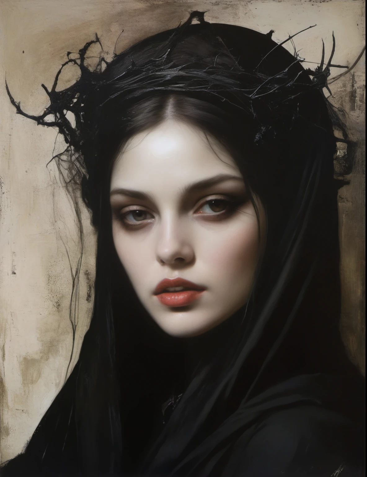 James Gurney, Surrealist art , dream-like, Mysterious, Provocative, symbolic, Complex, detailed,, (Gothic but very beautiful:1.4), (masterpiece, highest quality:1.4) , Nicola Samori Style, Beautiful woman face、Portraiture