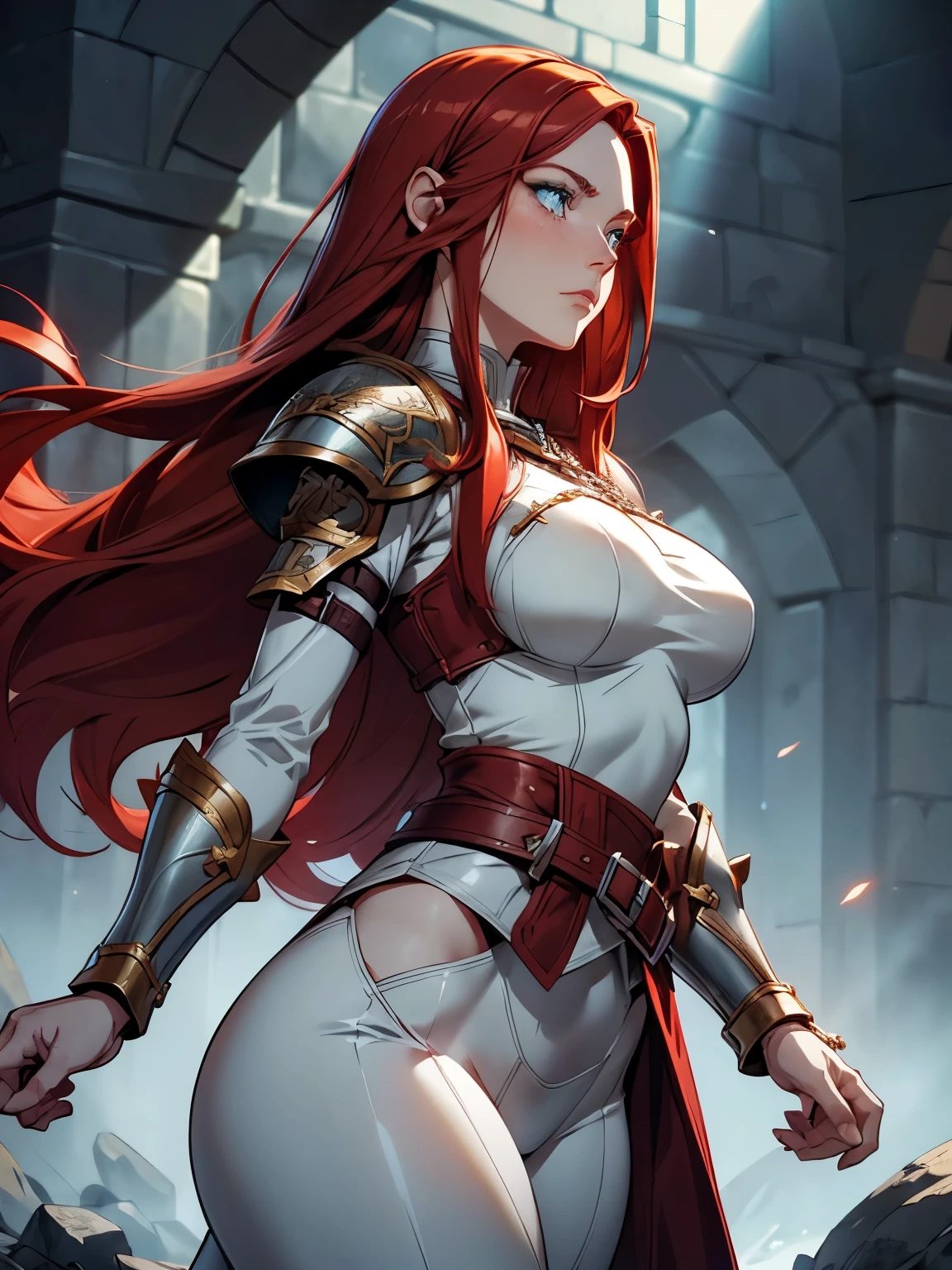 A female cleric. (((straight hair))), (((red haired))), (((pale blue eyes))), long lashes, (((Detailed face))), (((detailed eyes))), ((square chin)), high cheek bones, shallow cheeks, pale skin. Detailed hands and fingers. curvy body, narrow waist. Wearing armour over a white outfit, breast plate, chain mail, leather belts. Fantasy. Stern expression. Show her holding up her hands, casting a spell, light emanates from her hands, eyes glow with radiant light, dynamic pose. battle ground background. Masterpiece quality, best quality, hd,4k, volumetric lighting. pov from the side