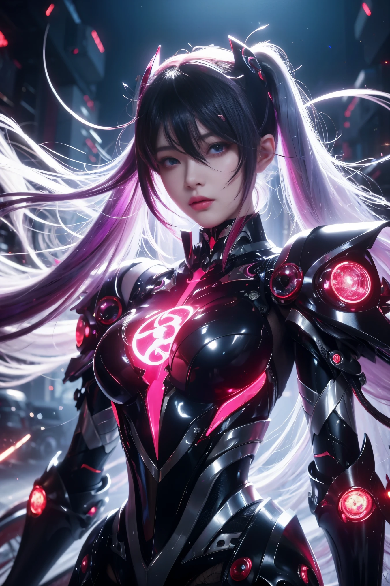 masterpiece, best quality, illustration, beautiful detailed eyes, colorful background, mechanical prosthesis, mecha coverage, emerging dark purple across with white hair, pig tails, disheveled hair, fluorescent purple, cool movement, rose red eyes, beatiful detailed cyberpunk city, multicolored hair, beautiful detailed glow, 1 girl, expressionless, cold expression, insanity, long bangs, long hair, lace, dynamic composition, motion, ultra - detailed, incredibly detailed, a lot of details, amazing fine details and brush strokes, smooth, hd semirealistic anime cg concept art digital painting, cyborg style,