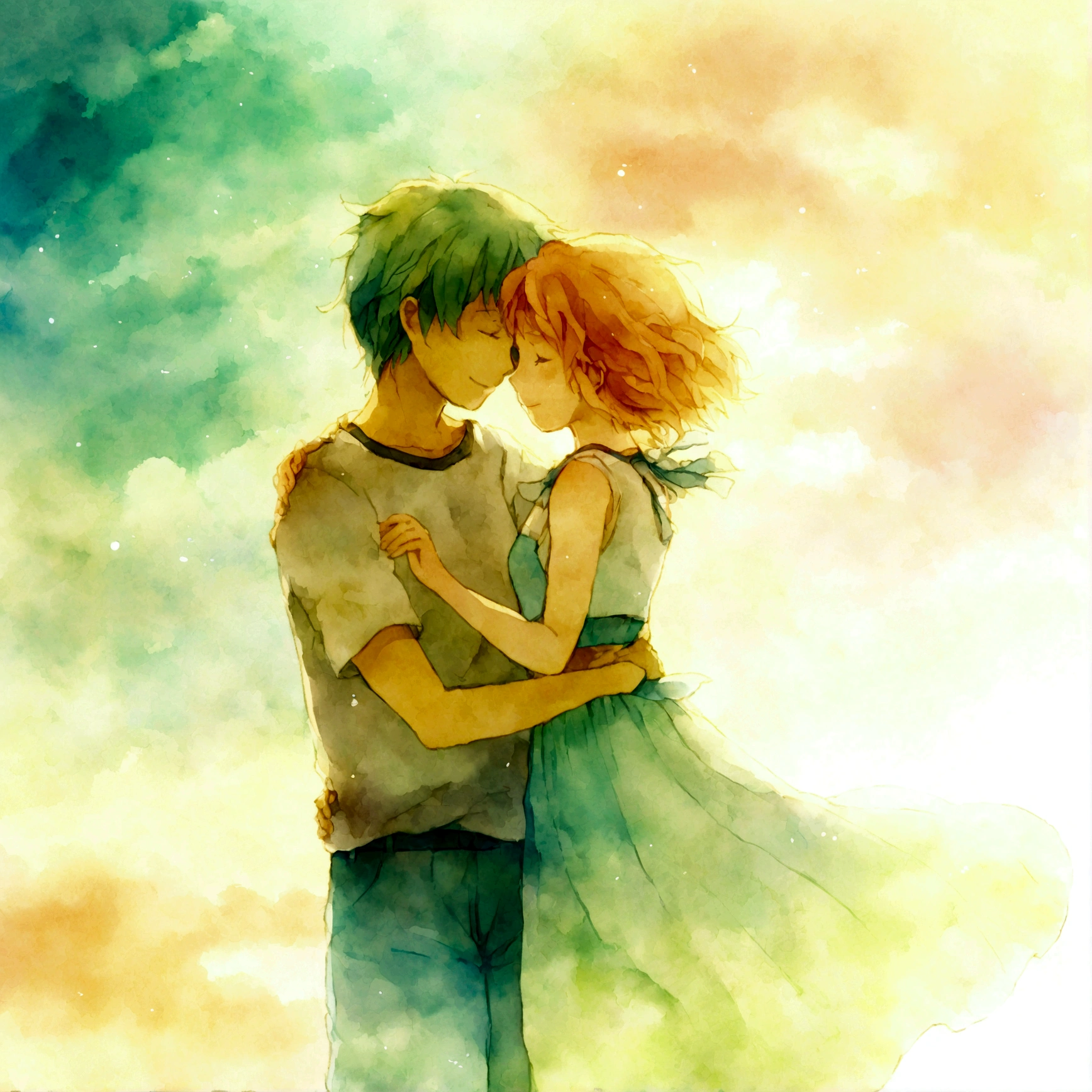 Jack and Diane, a couple embracing, water color sytle, soft lighting, early summer sky, soft focus