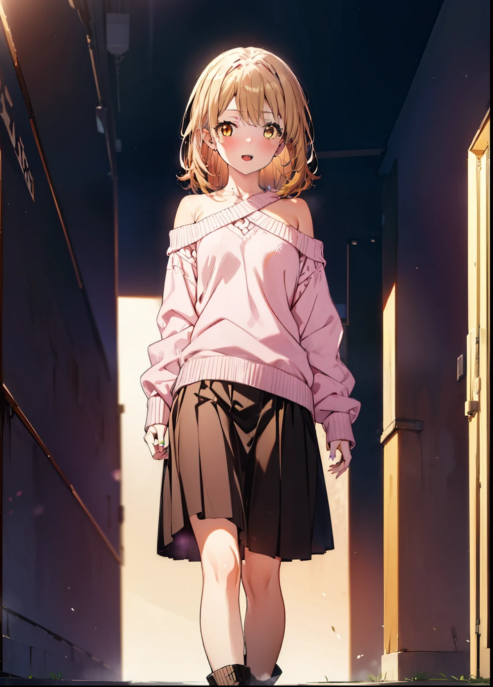 irohaisshiki, iroha isshiki, One Girl,Long Hair, Brown Hair, (Brown eyes:1.5), happy smile, smile, Open your mouth,Yellow one-shoulder sweater,Black long skirt,short boots,morning,morning陽,The sun is rising,whole bodyがイラストに入るように,Walking,Looking up from below,
break outdoors, Building district,
break looking at viewer,whole body,
break (masterpiece:1.2), highest quality, High resolution, unity 8k wallpaper, (shape:0.8), (Beautiful details:1.6), Highly detailed face, Perfect lighting, Extremely detailed CG, (Perfect hands, Perfect Anatomy),