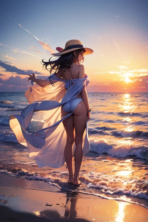 A woman standing on the beach at sunset, her silhouette highlighted against the vibrant colors of the setting sun. She’s wearing a stylish swimsuit or flowing cover-up, with her arms outstretched or holding a hat. The sky is ablaze with hues of orange, pink, and purple, and the reflection shimmers on the water’s surface. The scene exudes a serene, magical vibe.