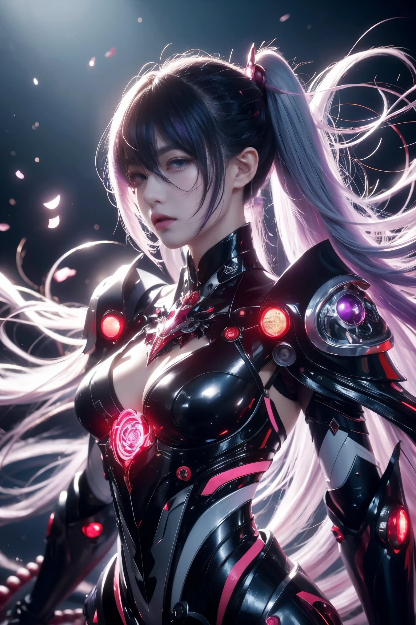 masterpiece, best quality, illustration, beautiful detailed eyes, colorful background, mechanical prosthesis, mecha coverage, emerging dark purple across with white hair, pig tails, disheveled hair, fluorescent purple, cool movement, rose red eyes, beatiful detailed cyberpunk city, multicolored hair, beautiful detailed glow, 1 girl, expressionless, cold expression, insanity, long bangs, long hair, lace, dynamic composition, motion, ultra - detailed, incredibly detailed, a lot of details, amazing fine details and brush strokes, smooth, hd semirealistic anime cg concept art digital painting, cyborg style,