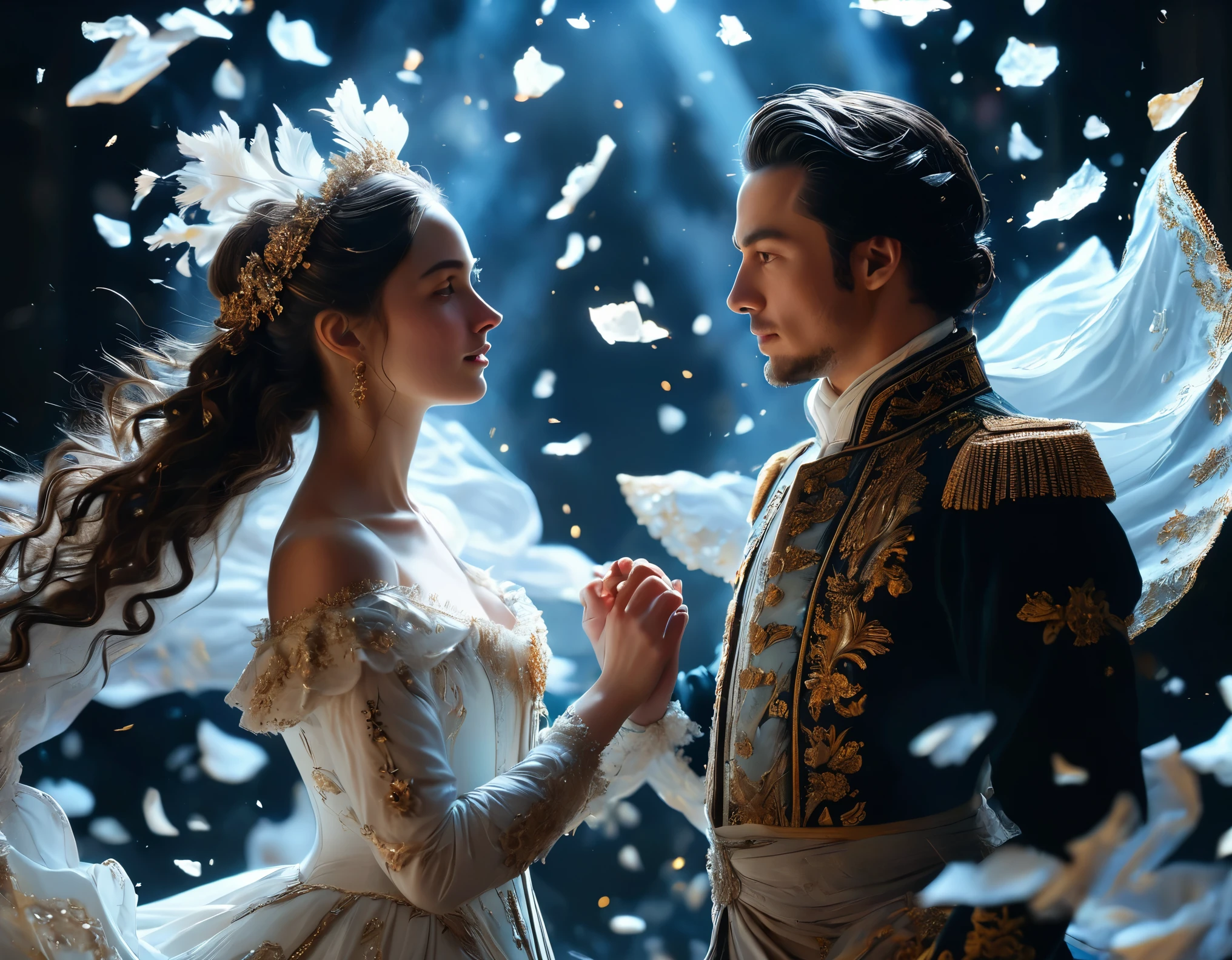 /I In front of a deep black backdrop, An 18th century couple is captured mid-dancing, the woman’s attire resembles a whirlwind of marble and porcelain fragments. Illuminated by the gleam of scattered porcelain shards which creates a dreamlike and theatrical atmosphere around the dancing couple. This masterpiece is depicted in 8k resolution, extremely detailed, gorgeous scenery.