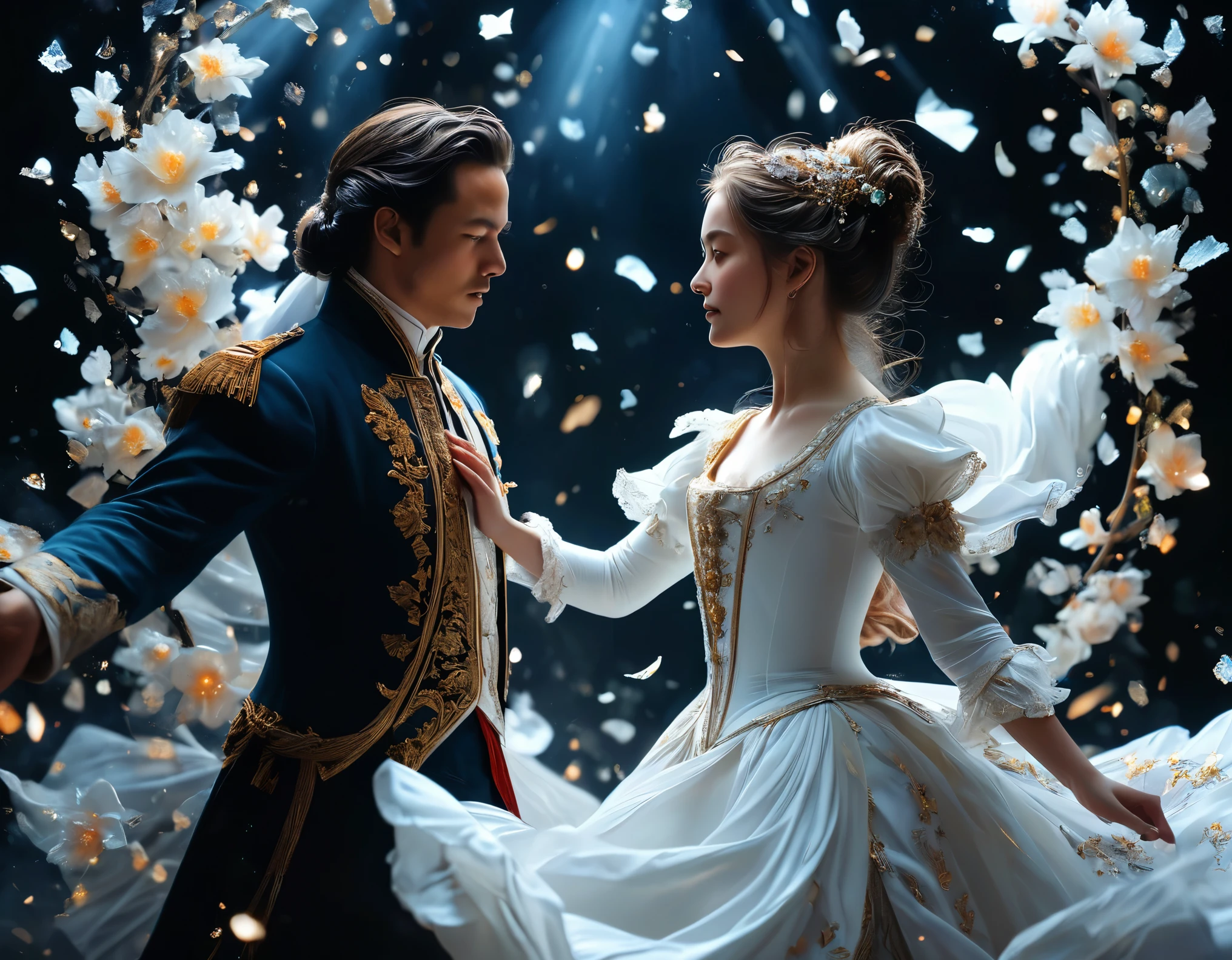 /I In front of a deep black backdrop, An 18th century couple is captured mid-dancing, the woman’s attire resembles a whirlwind of marble and porcelain fragments. Illuminated by the gleam of scattered porcelain shards which creates a dreamlike and theatrical atmosphere around the dancing couple. This masterpiece is depicted in 8k resolution, extremely detailed, gorgeous scenery.