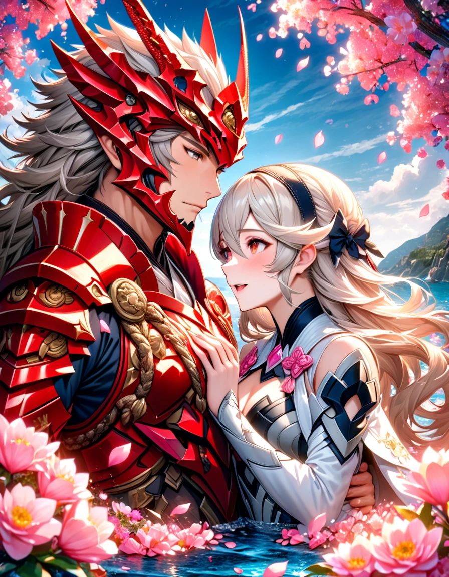 Ultra detailed, Highres, absurdres, HDR, master piece, Archer, white hair, expressive brown eyes, Artoria Pendragon, blond hair tied in a bun, expressive green eyes, Fate Grand Order, a handsome man together with a beautiful woman, couple, love, extremely detailed eyes and face, water, pink flowers, blossoms, petals, fantasy, magic, best quality, sexy, knight red clothes
