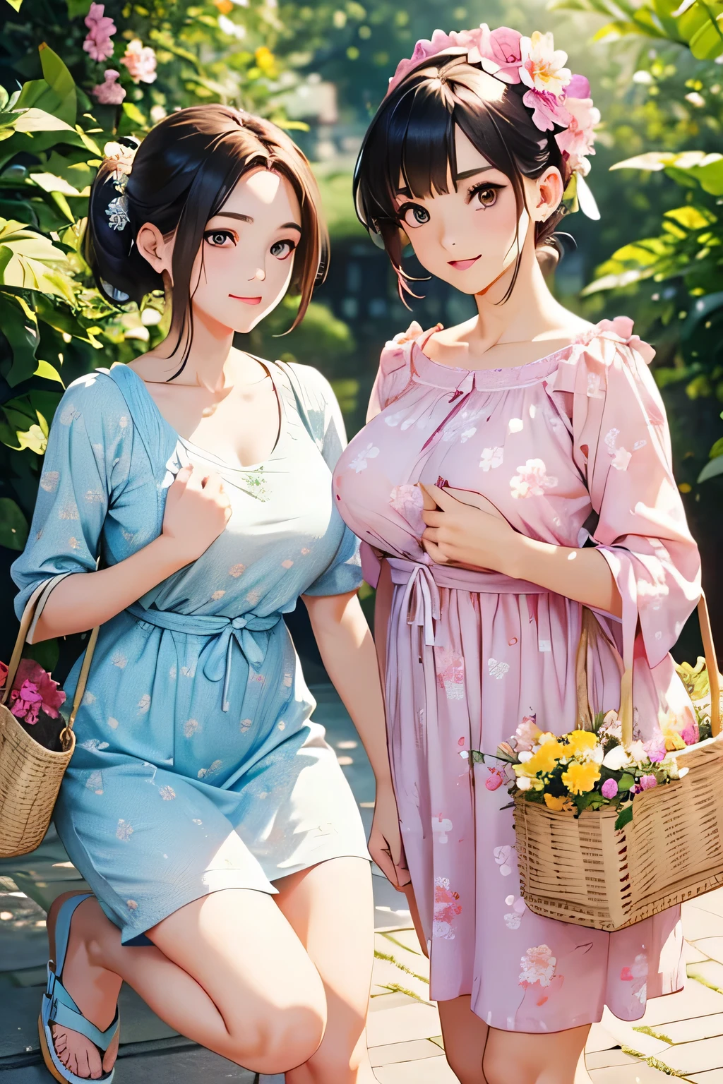 highest quality、High resolution、Detailed Background、(Beautiful face in every detail:1.4)、Anatomically correct、(Detailed facial expressions)、(Detailed eyes:1.2)、(Highly detailed face:1.4)、(Huge breasts:1.2)、Cute hair colour、Bobcut、ponytail、well-groomed eyebrows、Cute hairstyle、
Three beautiful women in their 30s、smile、Fresh one-piece style、Choose a floral or pastel colored dress、Wear flat sandals or sneakers on your feet.、Add accents with basket bags and headbands、By incorporating bright spring colors and patterns、Creates a gorgeous and cute impression