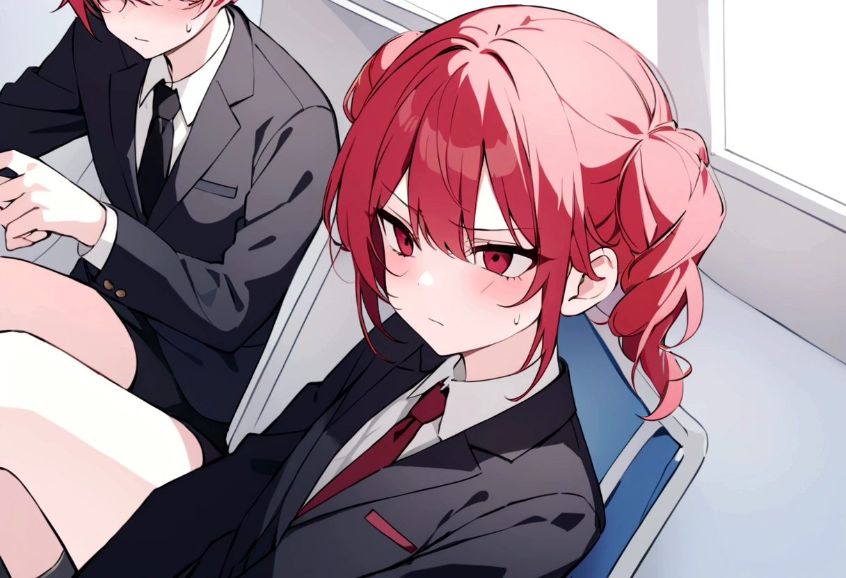 Red hair、Black Suit、Painful face、on the train、Sitting