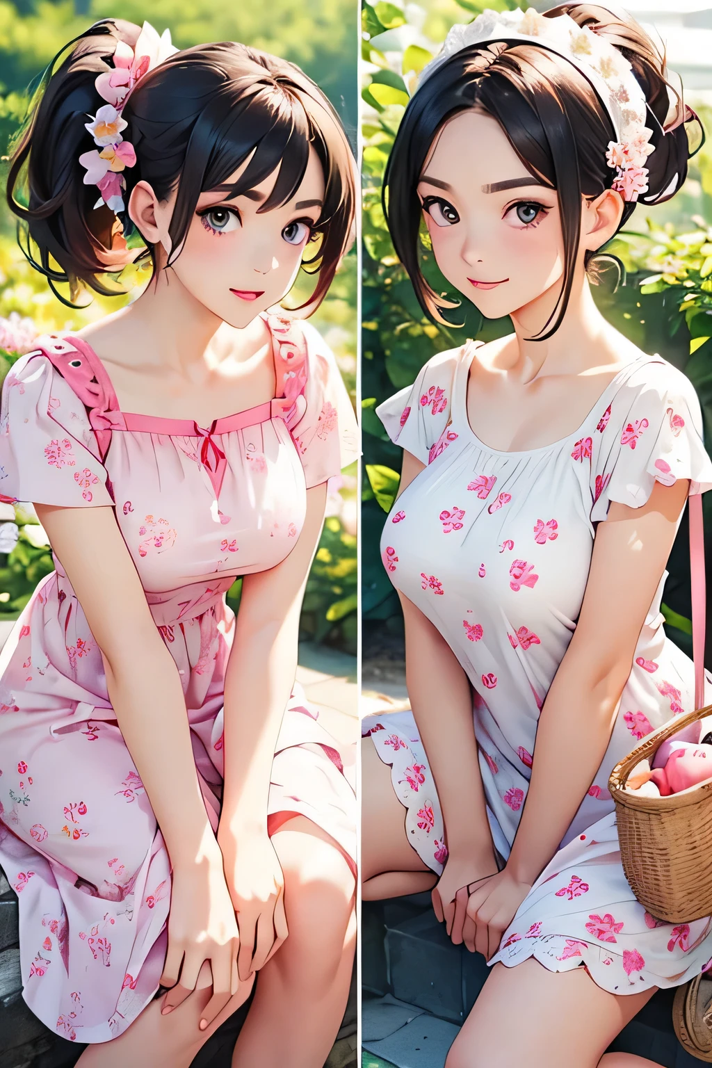 highest quality、High resolution、Detailed Background、(Beautiful face in every detail:1.4)、Anatomically correct、(Detailed facial expressions)、(Detailed eyes:1.2)、(Highly detailed face:1.4)、(Huge breasts:1.2)、Cute hair colour、Bobcut、ponytail、well-groomed eyebrows、Cute hairstyle、
Three beautiful women in their 30s、smile、Fresh one-piece style、Choose a floral or pastel colored dress、Wear flat sandals or sneakers on your feet.、Add accents with basket bags and headbands、By incorporating bright spring colors and patterns、Creates a gorgeous and cute impression