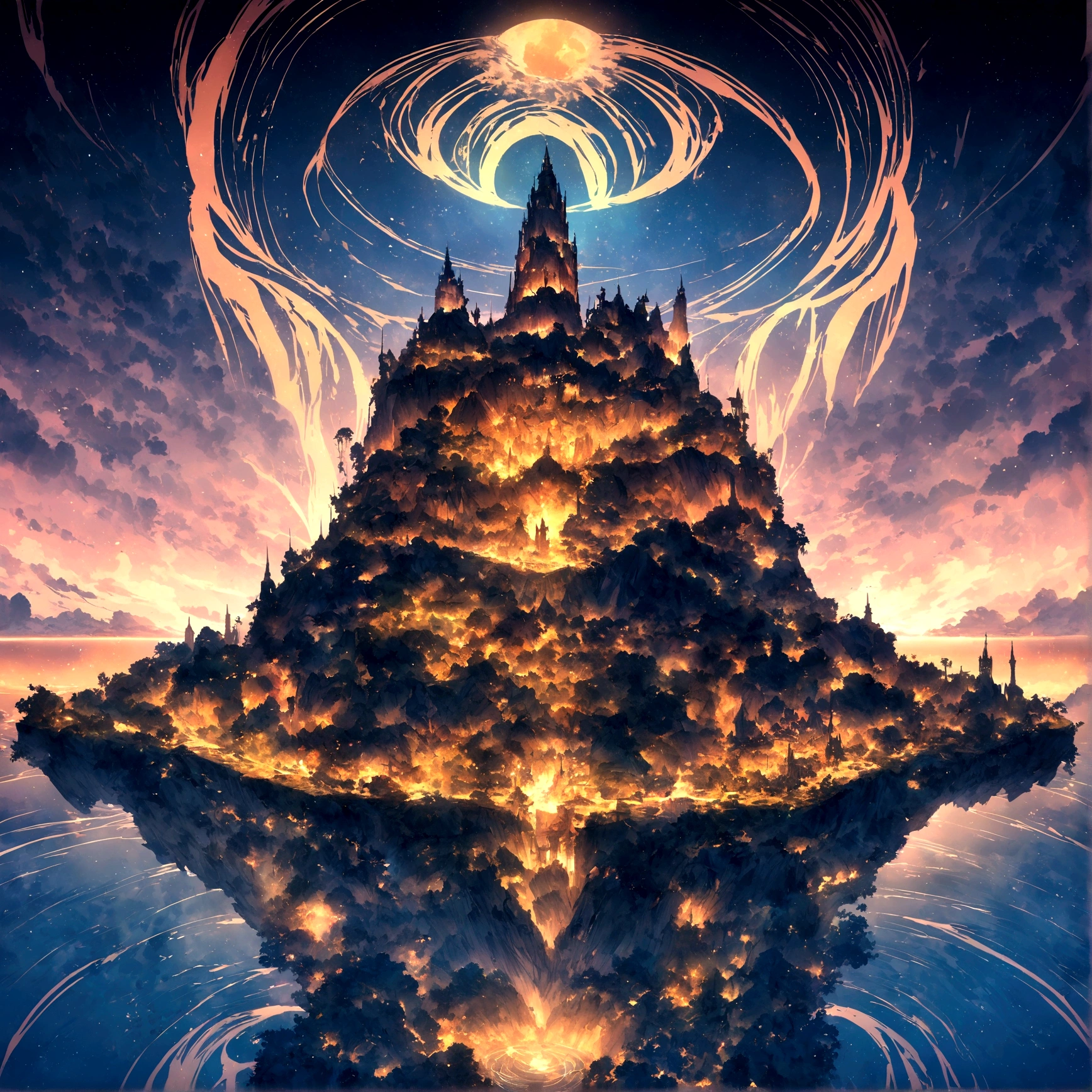 Intricate painting details of city skyline reflecting in the water of a bay in front by range murata, galaxy in the background, nuvens, cor viva, Alto contraste, montanha, arte de linha vetorial, destaques laranja, trends on pixiv, arte conceitual de anime, grudar, Mattire, alta qualidade, De ponta a ponta, Sanskrit