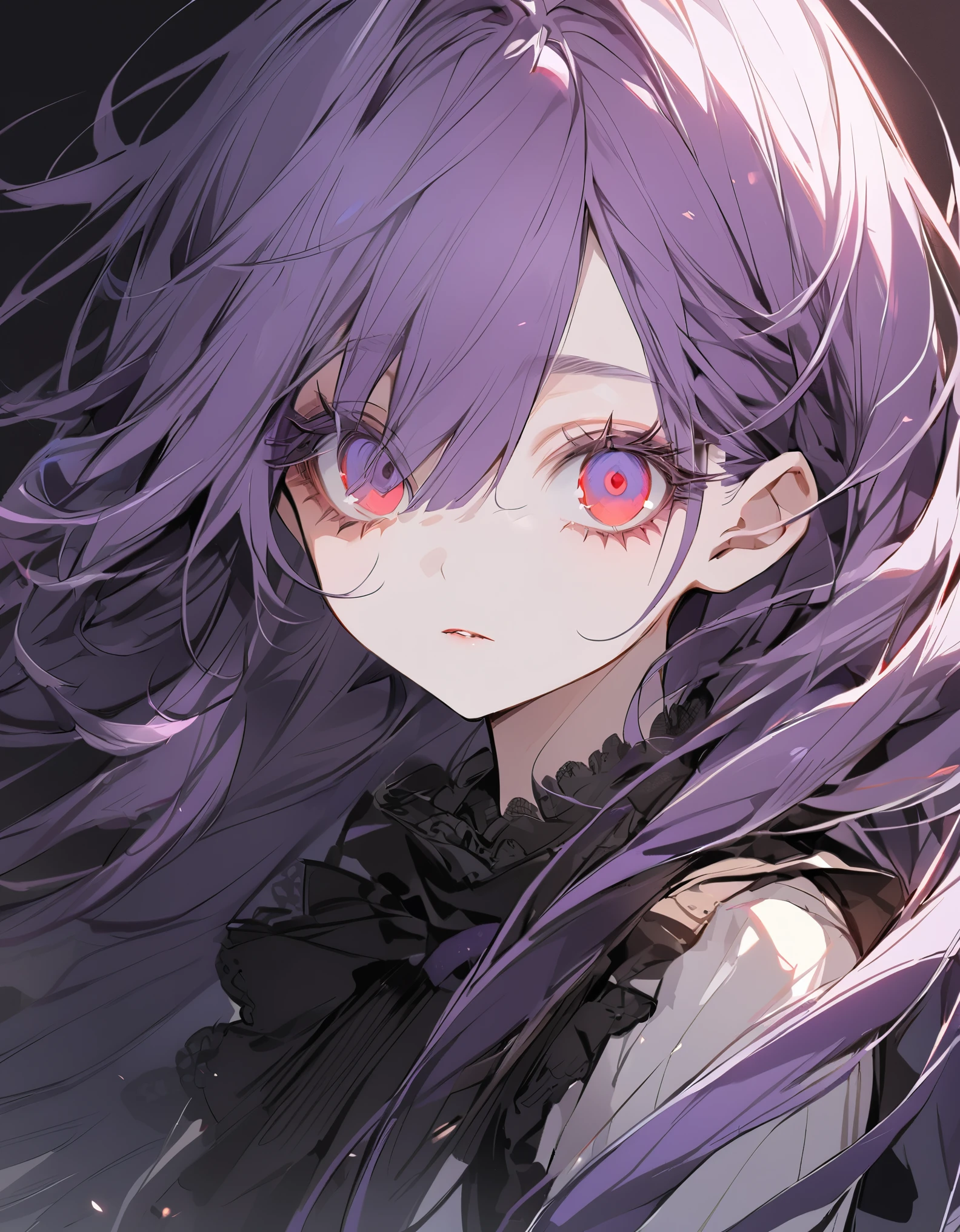 (Sketches)Falling Girl, 16 years old,Pale red eyes(Big Eyes:1.4), Close one eye,Long purple hair(Semi-long hair:1.4)(eye shadow:1.3)(Eyelashes:1.2)(Black Background)

