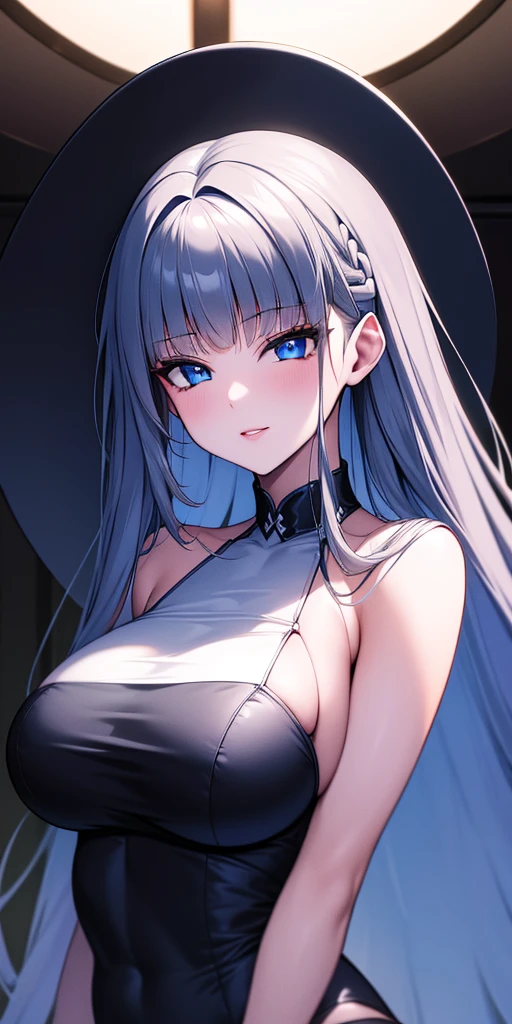 ((obra maestra)), ((mejor calidad)), (ultra detallado), ((extremadamente detallado)), 4k, (8K), mejor calidad, (Hermoso), estilo animado, mirar hacia arriba desde abajo, bar, Noche, una chica guapa, 1 chica, solo, traje, Hermoso rainbow hair, Hermoso blue eyes, ((Hermoso eyes)), De piel blanca, pendientes, cuello, sonrisa