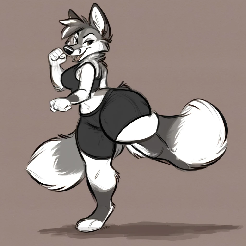 A anthropomorphic fox, wearing black swimming shorts, and a anthropomorphic female fox is hold her foot and kicking her foot, nsfw, has thick thighs, high quality, crisp,