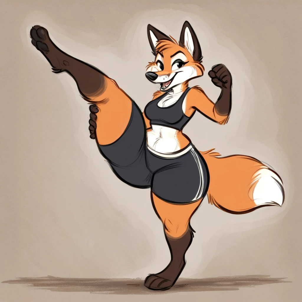 A anthropomorphic fox, wearing black swimming shorts, and a anthropomorphic female fox is hold her foot and kicking her foot, nsfw, has thick thighs, high quality, crisp, 