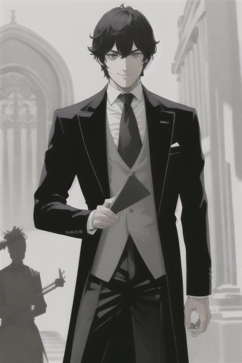 Royal man with black hair, purple eyes, grinning, holding a letter in one hand and holding a sword in the other hand, dead bodies in the background, bloody atmosphere, a crown on his head, royal palace