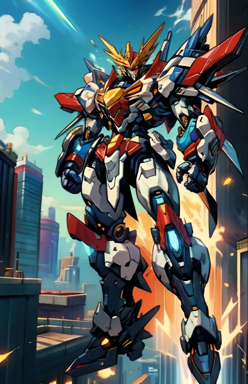 Humanoid Mecha, fully enclosed shoulder guards, matching arm and leg guards, full body, full armor, the design balances heavy with agility, (the color scheme is primarily white with red and blue accents, the concept Inspired by Super robot, organic biotech armor, standing, floating high above the futuristic sci-fi city), exquisite and mature art style, (aura effect, energy, glowing eyes, the armor glows), ((SRS)), metallic, dynamic, dramatic, high definition, best quality, highres, ultra-detailed, ultra-fine painting, extremely delicate, professional, perfect body proportions, anatomically correct, symmetrical face, extremely detailed eyes and face, high quality eyes, creativity, RAW photo, UHD, 32k, Natural light, cinematic lighting, masterpiece-anatomy-perfect, masterpiece:1.5