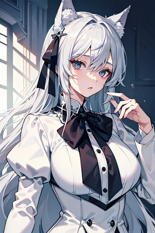 best qualtiy,tmasterpiece,The is very detailed,4K,Gray hair and shallow eyes,Drag cool expressions,Wolf ears,Erect scar on the left eye,British style,1girl,Absolutely beautiful, big bust, white costume, ear ribbon