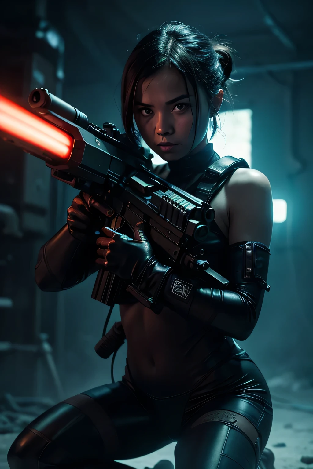 (grainy:0.5), cinematic, naked girl, space, serious, detailed eyes, detailed face, detailed huge breast, (aiming gun:1.1), (hiding:1.1), (squatting, looking to side:1.1), volumetric lighting, isolation, horror, dark lighting, red bioluminescent details, green bioluminescent details, blue bioluminescent details