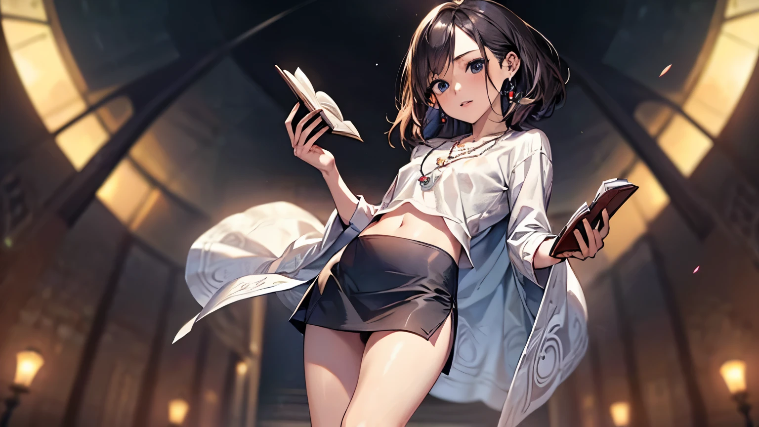 ((Biologically correct limb count))、(( Full-body photo including face))、4K、((Standing position))、masterpiece、((Focus on the face))、((Symmetrical facial features))、Eye for detailed depiction、Beautiful woman、Excellent style、Beautiful clavicle、Beautiful feet、Beautiful Hands、Slender body、(Small Ass、Thin thighs)、(High heels)、Detailed depiction of the face、Small earrings、necklace、(shirt、(mini skirt))、Glancing sideways、Great background、Low Angle,Reading a book