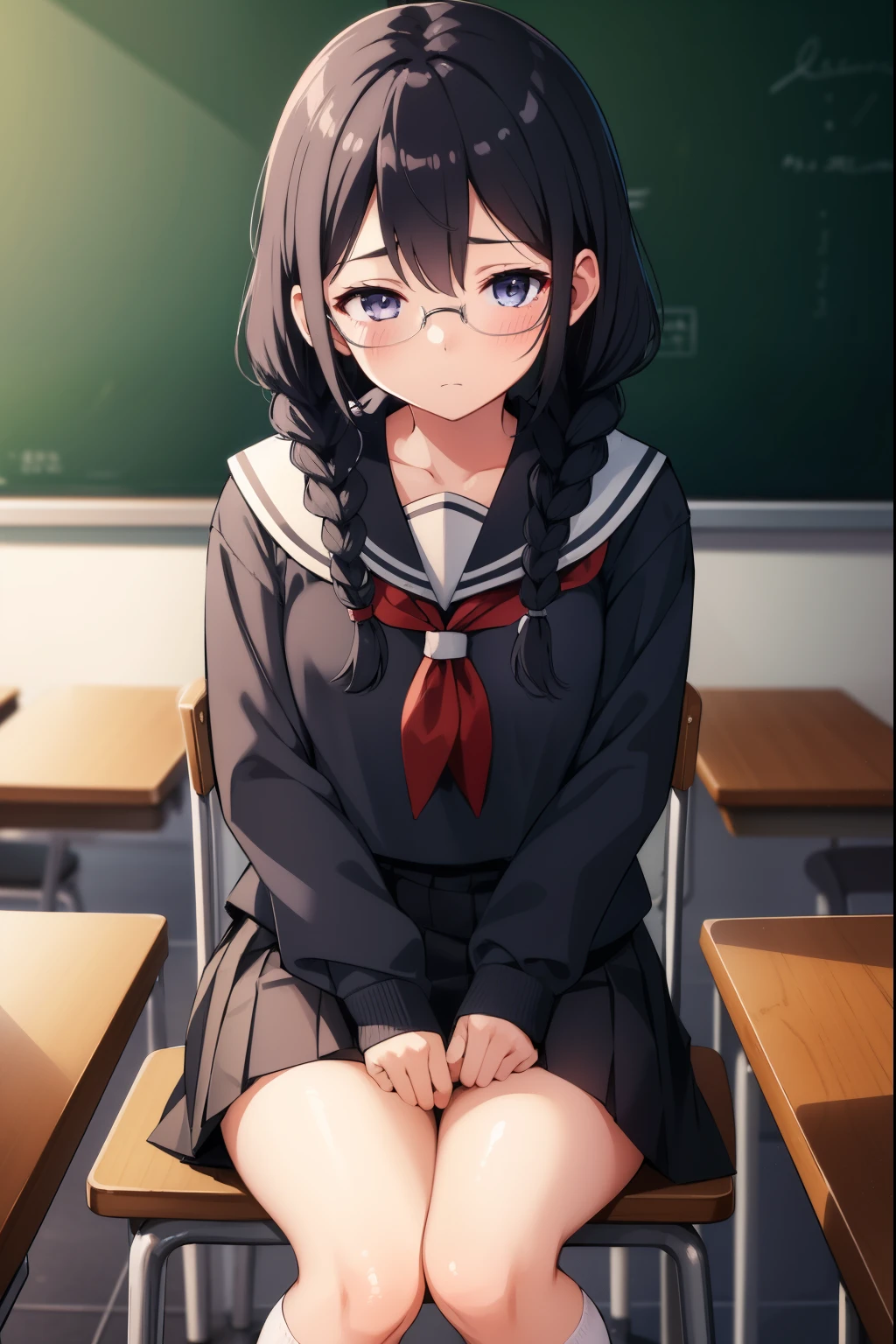 One Girl, Black braids, Sailor suit, skirt,Knee socks,classroom,Sit on a chair, Glasses,Cold Eyes,Blushing,
Looking at the audience, 
 highest quality, High resolution, unity 8k wallpaper, Perfect lighting