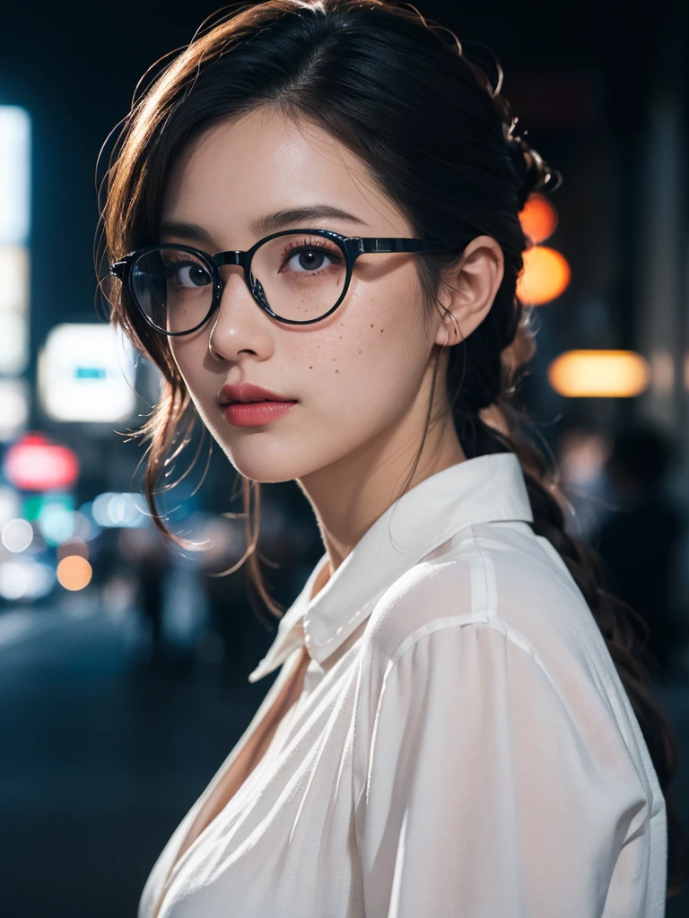 (masterpiece, best quality:1.2), (8k uhd, 16k, 32k, ultra high res), (photorealistic:1.37), (RAW photo), ultimate-realistic, ultimate-realistic details, ultimate-realistic texture, ultimate-intricate details, ultimate-realistic lighting, ultimate-realistic shadow, japanese girl, 24yo, ultimate-cute face, ultimate-RAW skin, ultimate-eyes, A glass woman, ager, egirl, cosplay, 16yointage hairstyle | Victory Rolls), butterfly glasses, big lips, round_eyewear, solo, pride, quite_a_bit_body, (looking at the viewer:1.1), orange_background, realistic, pink long-sleeved secretary blouse with high collar, 80s-style glasses, chin lifted, wide mouth smile, backlight silhouette_lighting, standing on dark street in a middle of a modern night city view, a blue neon light from building around it, a full moon in the sky, energy aura emerge in the air, film grain, Hasselblad X2D 100C + XCD 2,5/25V, F/1.8, (cinematic still:1.2), freckles, 35mm photograph, film, bokeh, professional, 4k, highly detailed, perfect fingers ,Extremely Realistic, UHD,